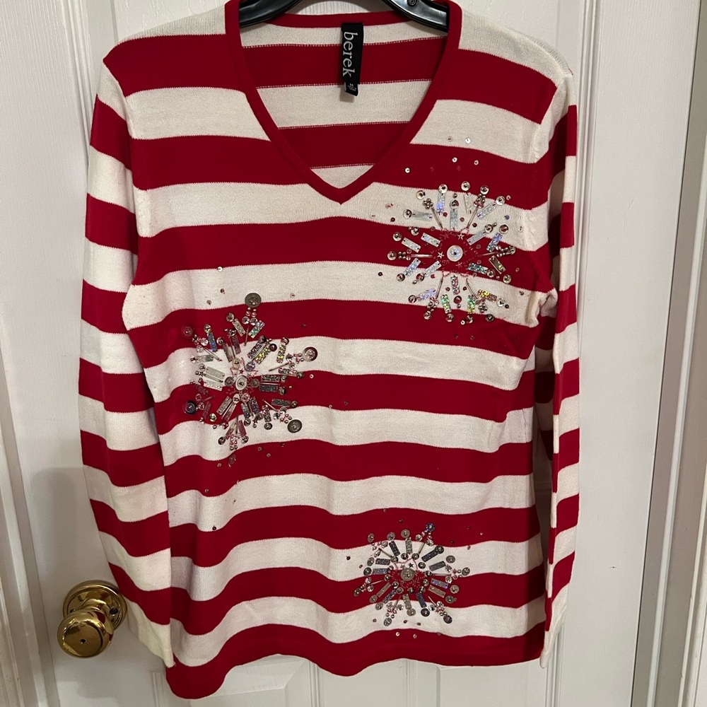 Red and White Striped Women's Embellished Sweater